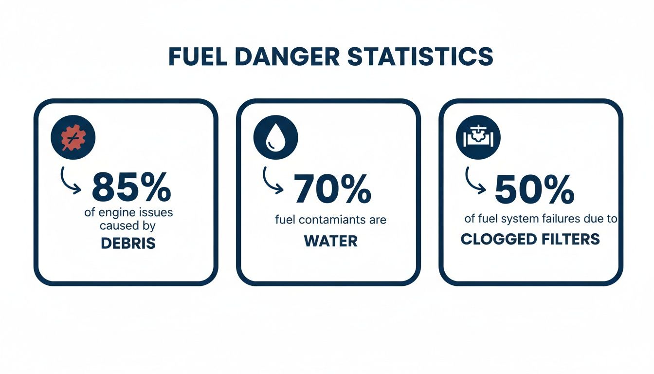 Infographic displaying fuel danger statistics: 85% engine issues from debris, 70% contaminants are water, 50% failures from clogged filters.