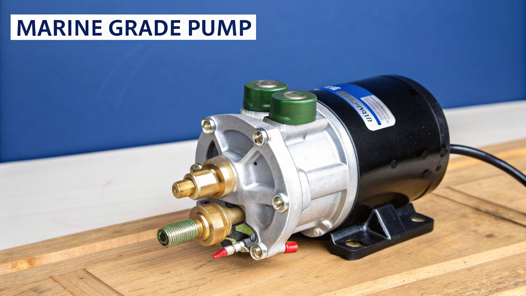 Close-up of a durable marine-grade fuel pump installed in a boat's engine compartment.
