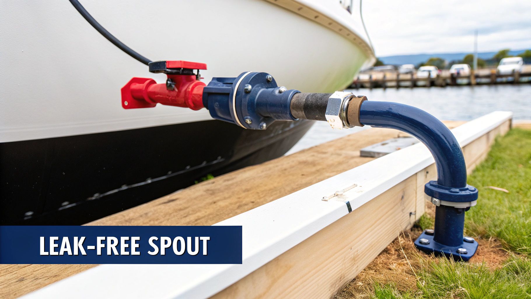 A close-up of a leak-free blue and red fuel spout system connected to a boat by a dock.