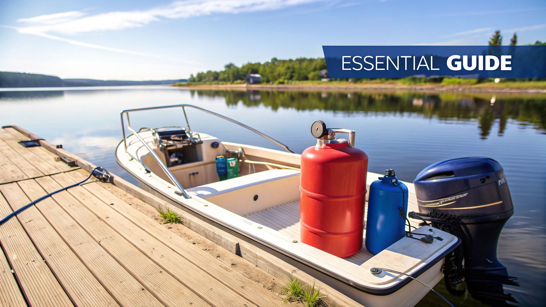 A small boat with red and blue marine portable gas tanks docked on a sunny lake.