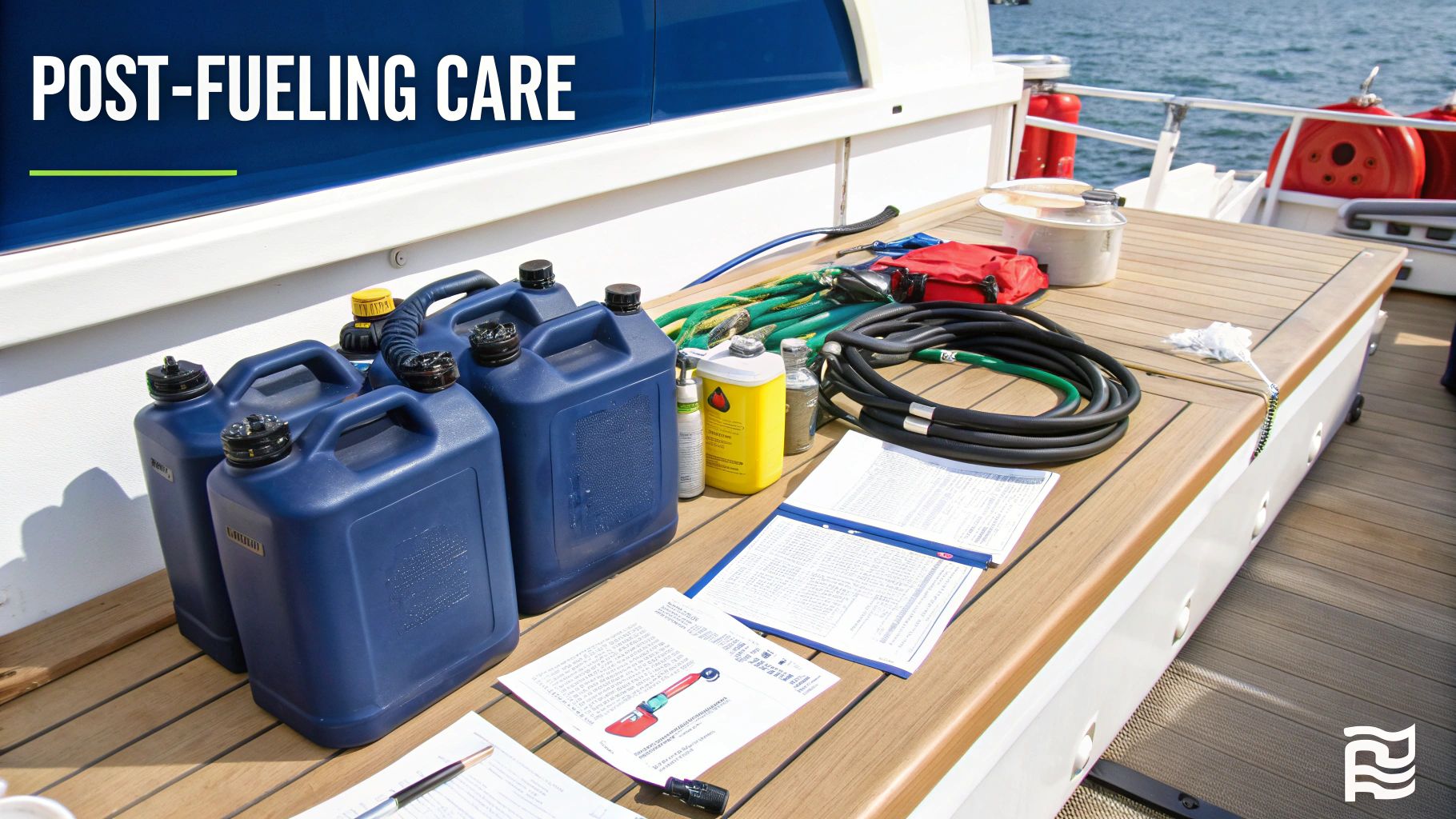 Equipment for post-fueling boat care, featuring fuel cans, hoses, and documents on a wooden deck.