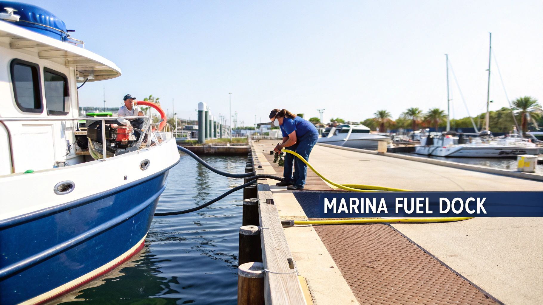 A man and a woman fueling a blue and white boat at a sunny marina fuel dock.
