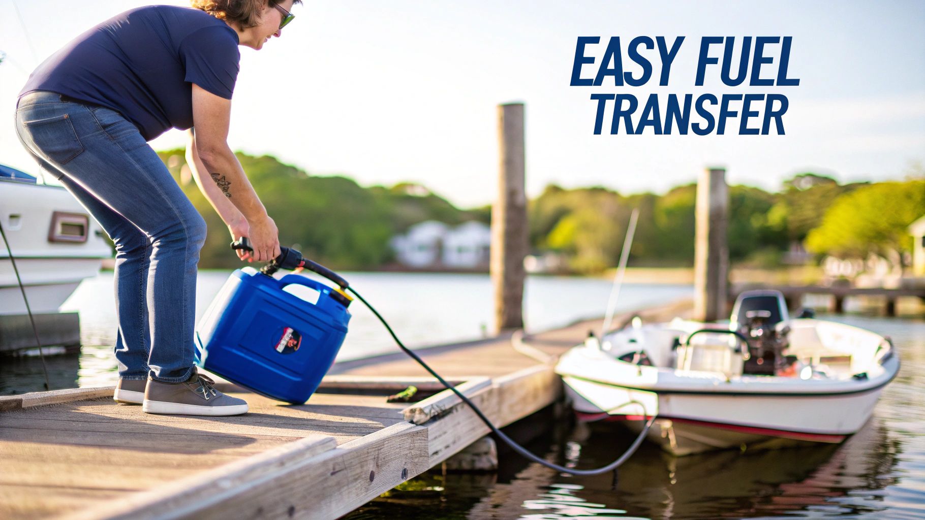 A person easily refueling a boat using a portable gas transfer pump, showcasing a clean and simple process.