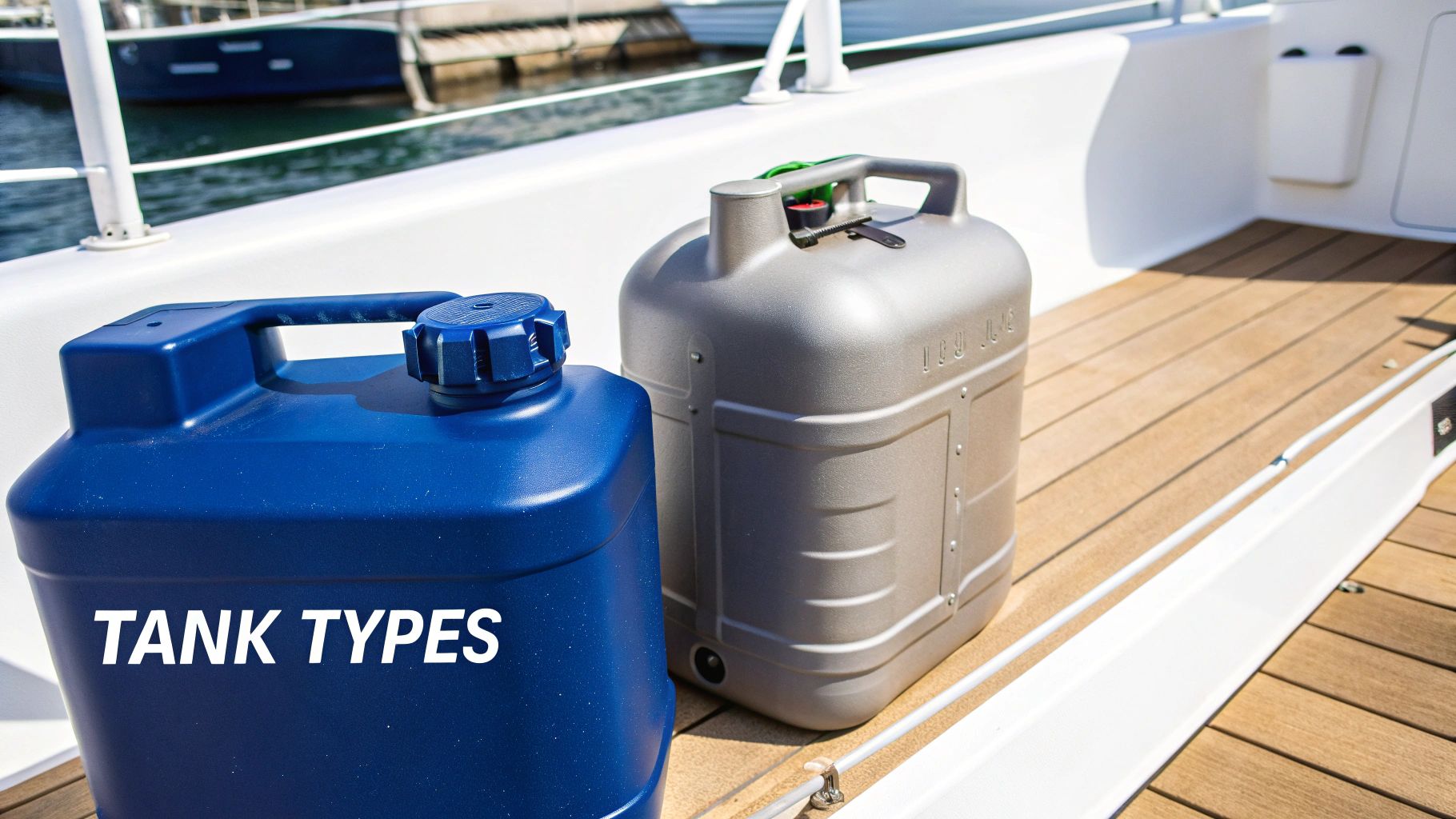 Two portable plastic tanks, one blue and one grey, sit on a boat deck with 'TANK TYPES' text.