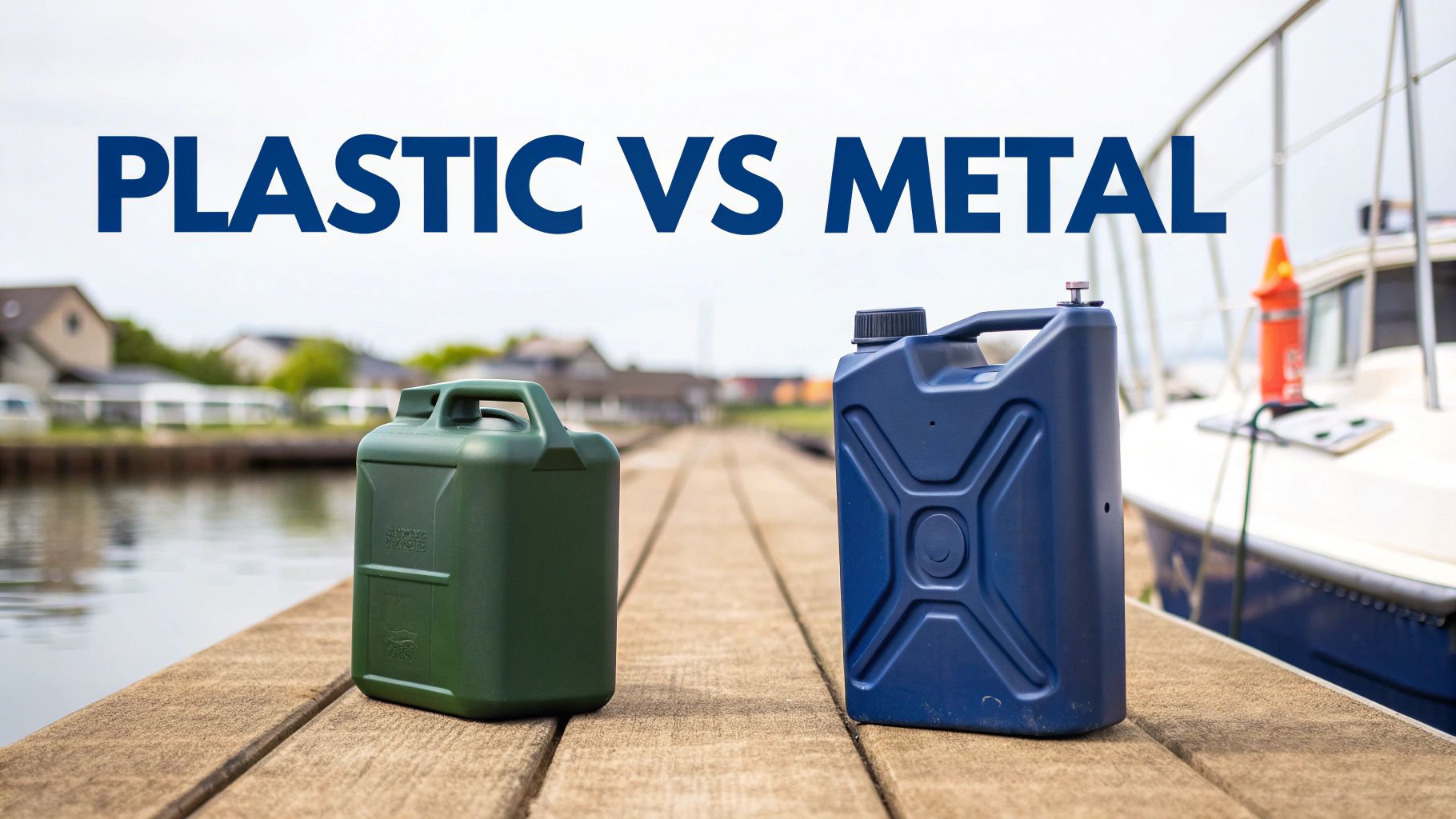 Two plastic fuel containers on a wooden dock, with 'PLASTIC VS METAL' text overlay, comparing materials.