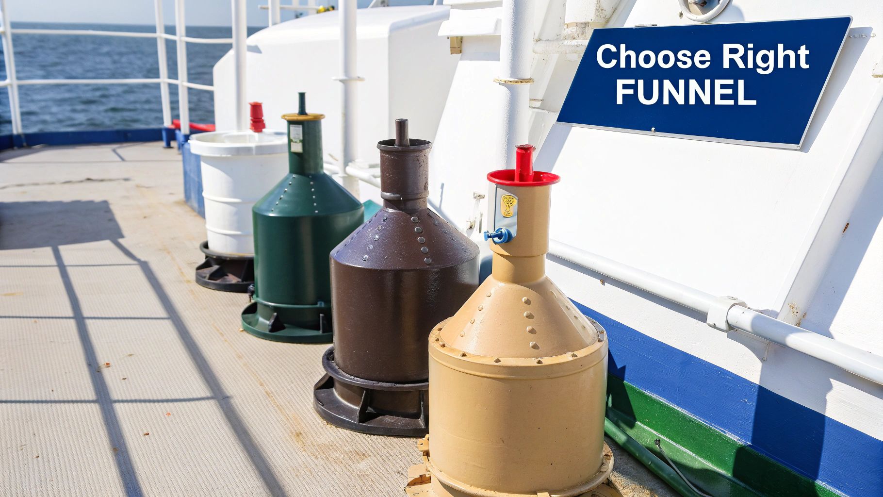 Four industrial funnels in different colors on a ship's deck, with a 'Choose Right FUNNEL' sign.