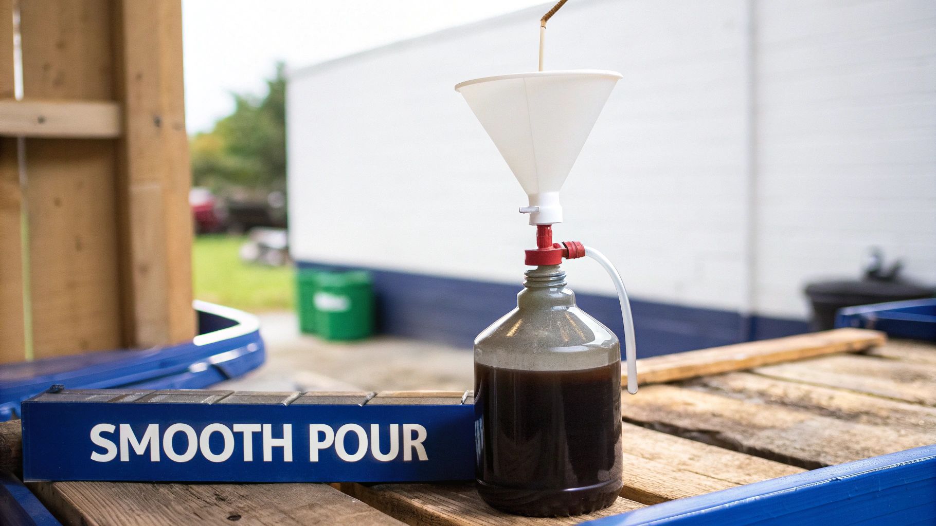 A person upgrading a homemade funnel by adding a filter and a flexible spout.