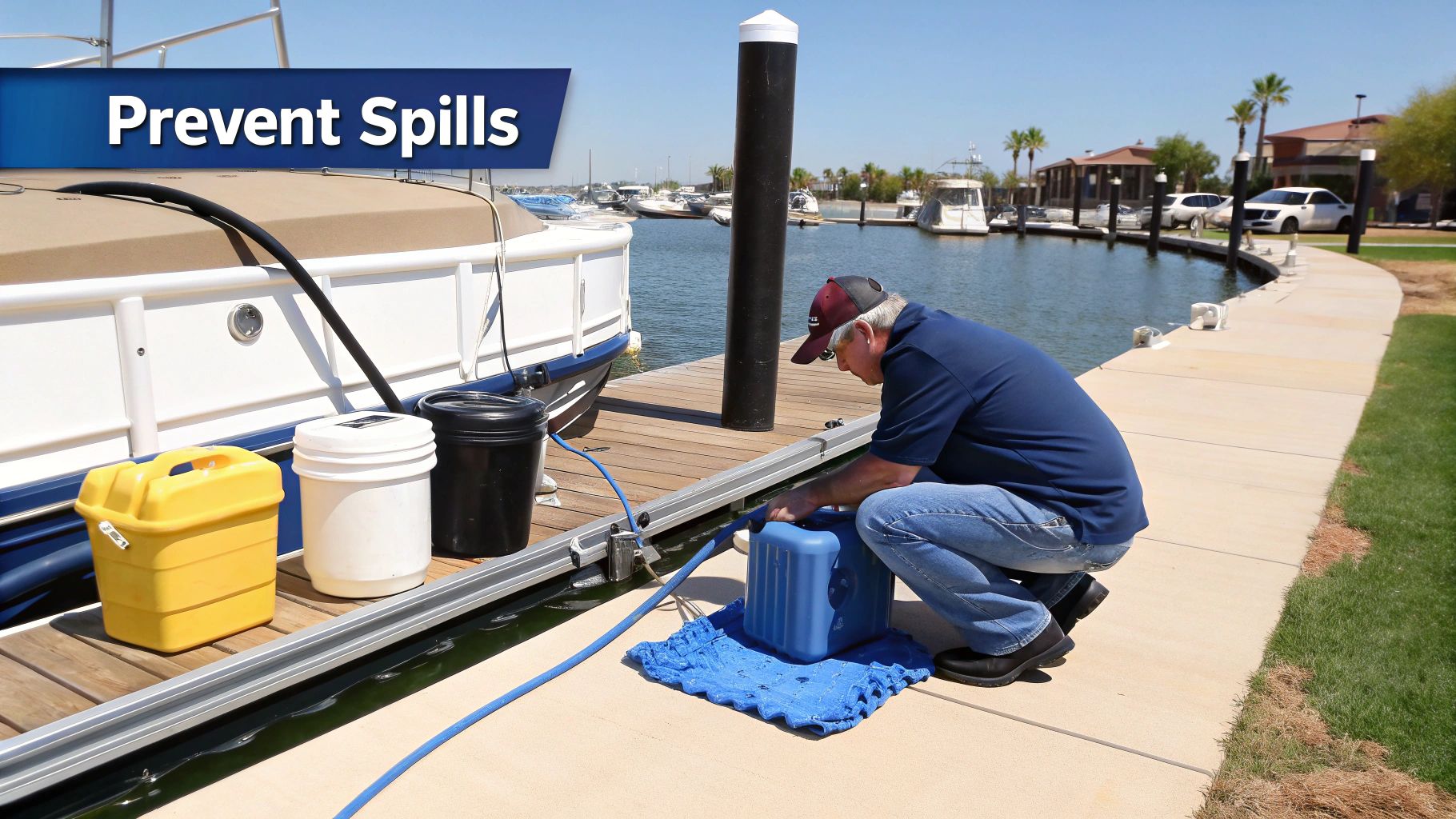 A man at a dock transferring liquid from a blue container, next to a boat with a "Prevent Spills" banner.