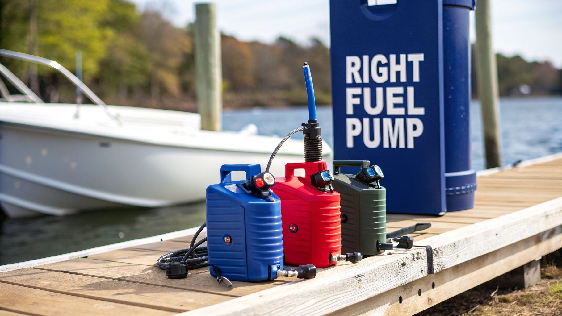 Three portable fuel cans in blue, red, and green with pumps on a wooden dock next to a boat.