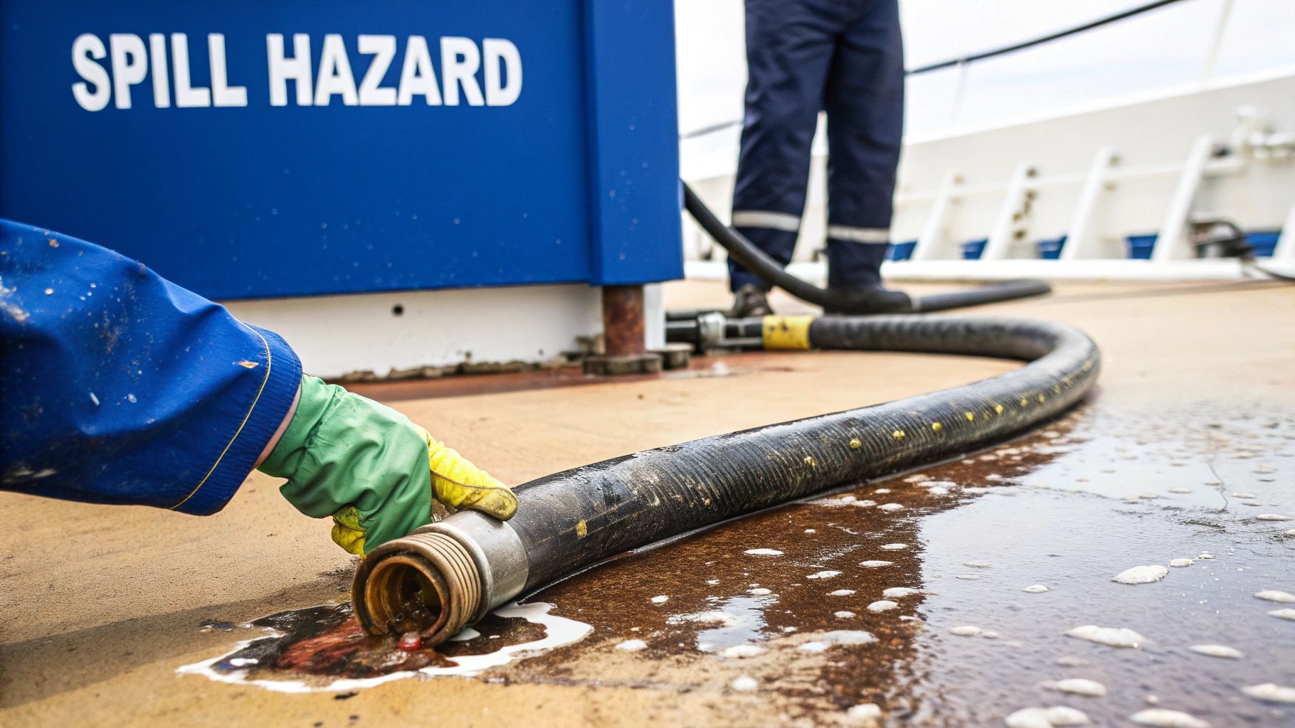 Worker's gloved hand holding a flexible hose leaking oil onto the deck near a 'SPILL HAZARD' sign.