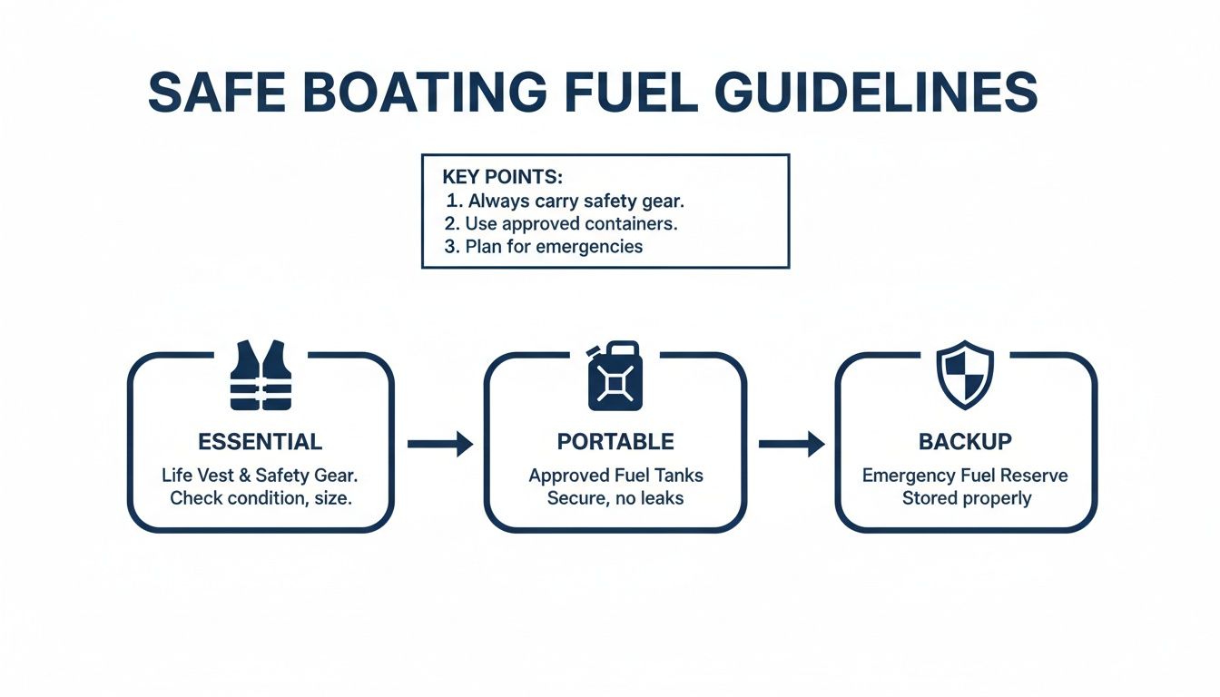 Infographic detailing safe boating fuel guidelines including essential gear, portable fuel, and backup reserves.