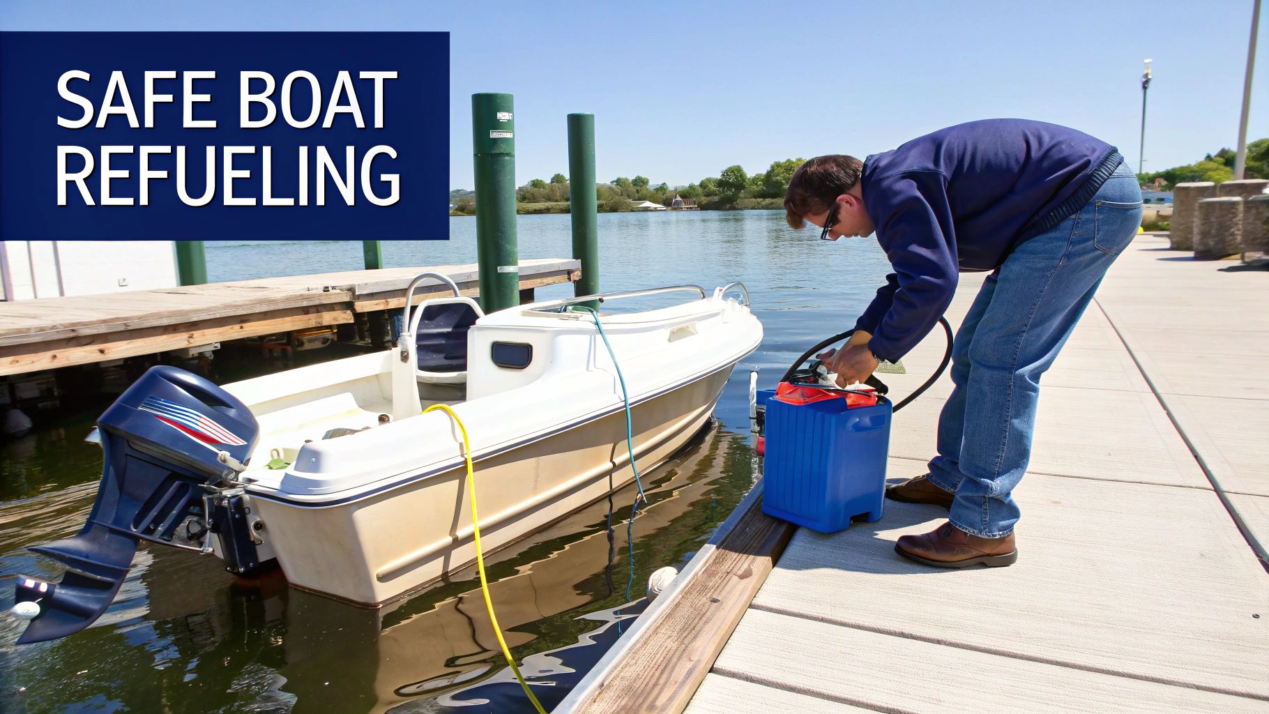 A man carefully refuels a small boat from a blue portable fuel tank on a sunny dock.