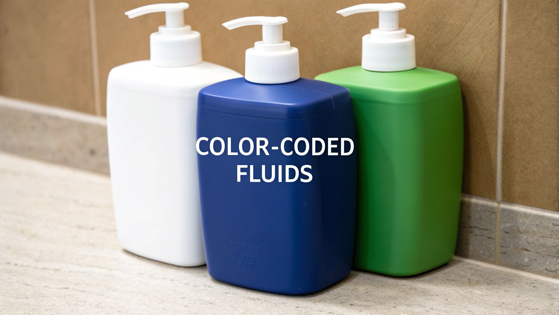 An assortment of color-coded containers with spouts, including red, yellow, and blue.