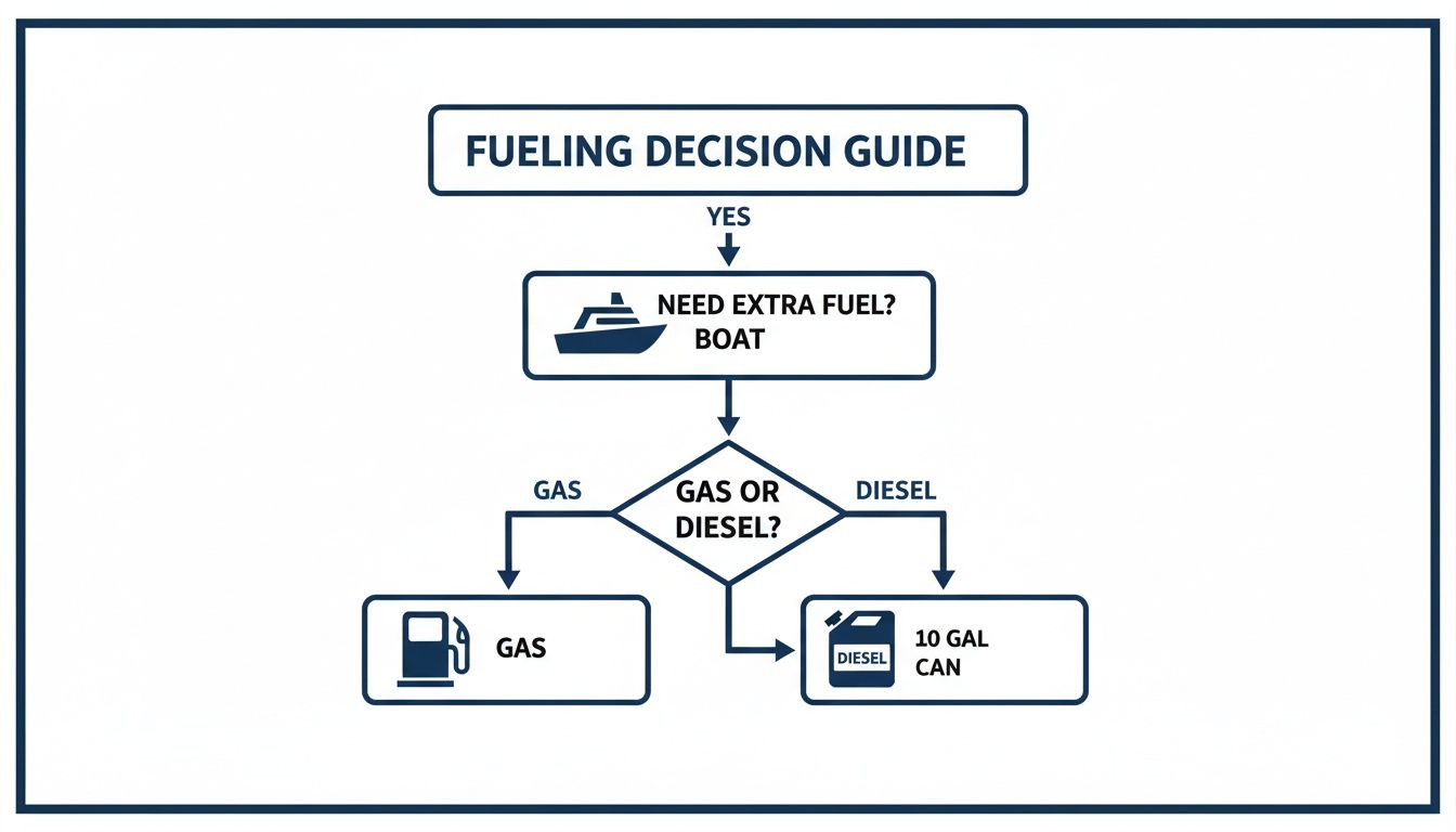 A fueling decision guide flowchart for boats, distinguishing between gas and diesel options.