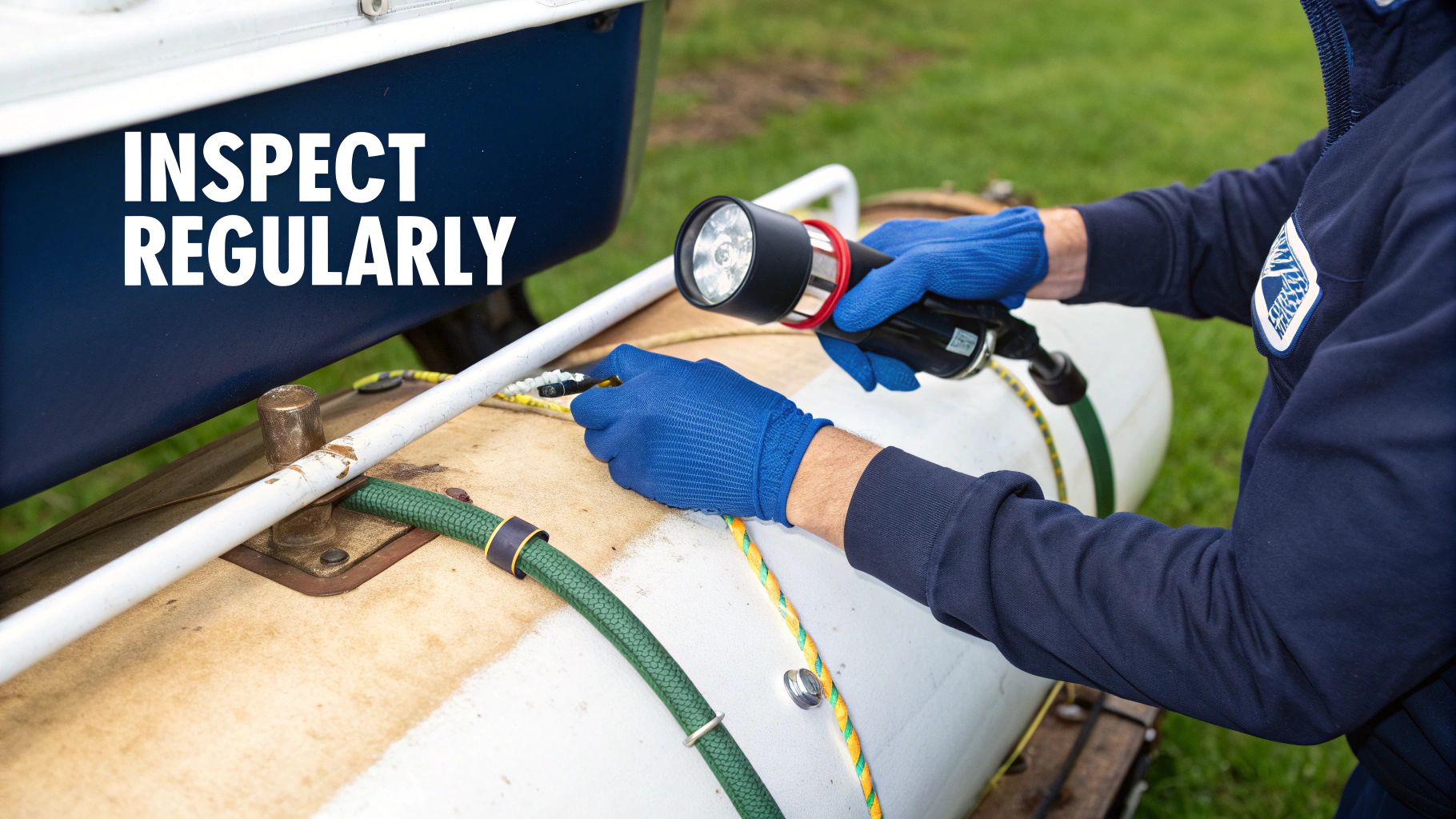 Gloved hands inspect a white cylindrical floating fuel tank with a flashlight, emphasizing regular checks.