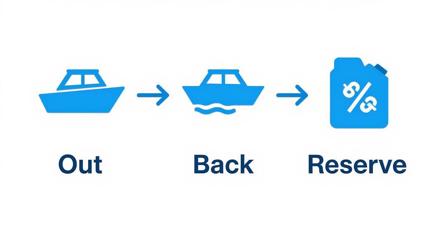 A three-step graphic showing a boat going out, coming back, and then a fuel can representing reserve.