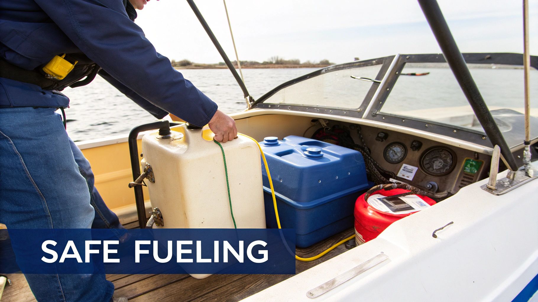 A person on a boat is carefully handling a portable fuel tank with other containers nearby.