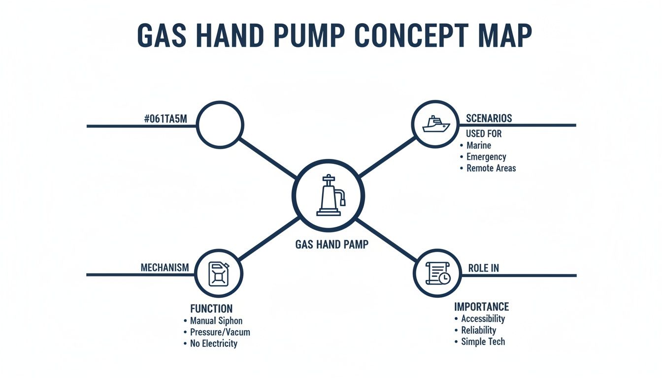 Concept map illustrating the gas hand pump's mechanism, scenarios for use, and importance.