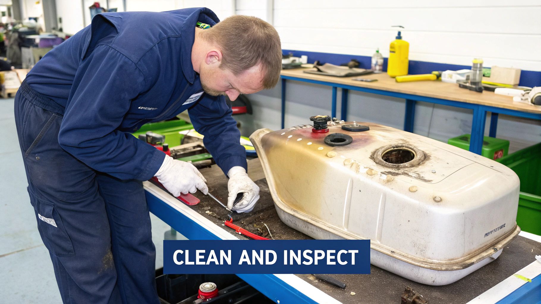 A mechanic in blue overalls cleans and inspects a fuel tank on a workshop bench.
