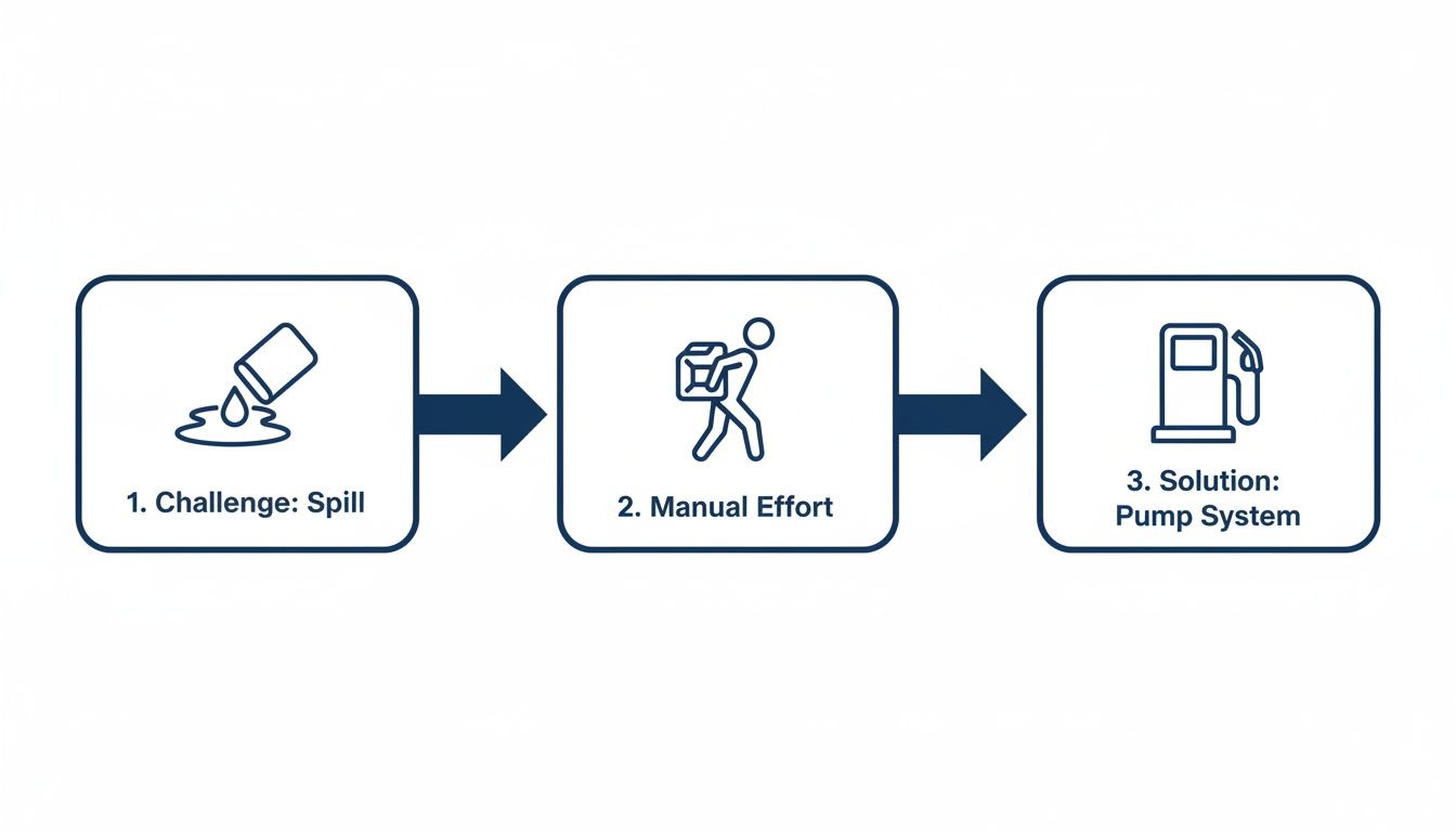 Diagram illustrating the problem of fuel spill and manual transfer, leading to a pump system solution.