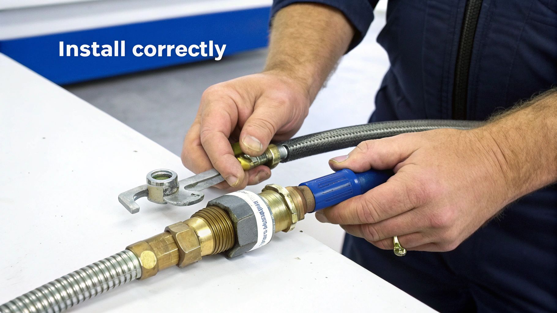 Mechanic's hands installing a fuel transfer pump hose onto a clean fitting.