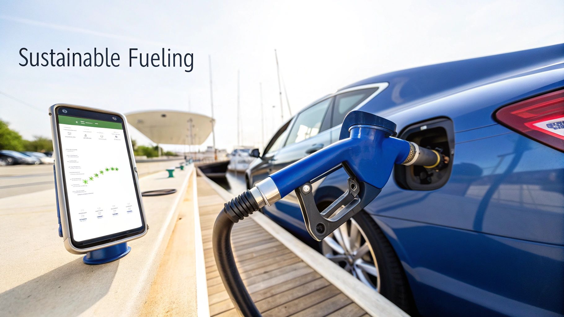 A boat sailing on clear blue water with a green shoreline in the background, representing sustainable boating