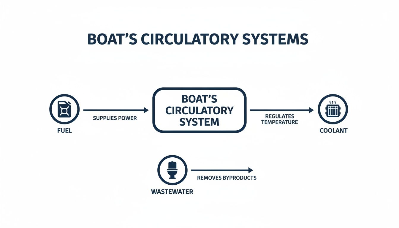 Infographic showing a boat's circulatory system managing fuel, temperature regulation, and byproduct removal.