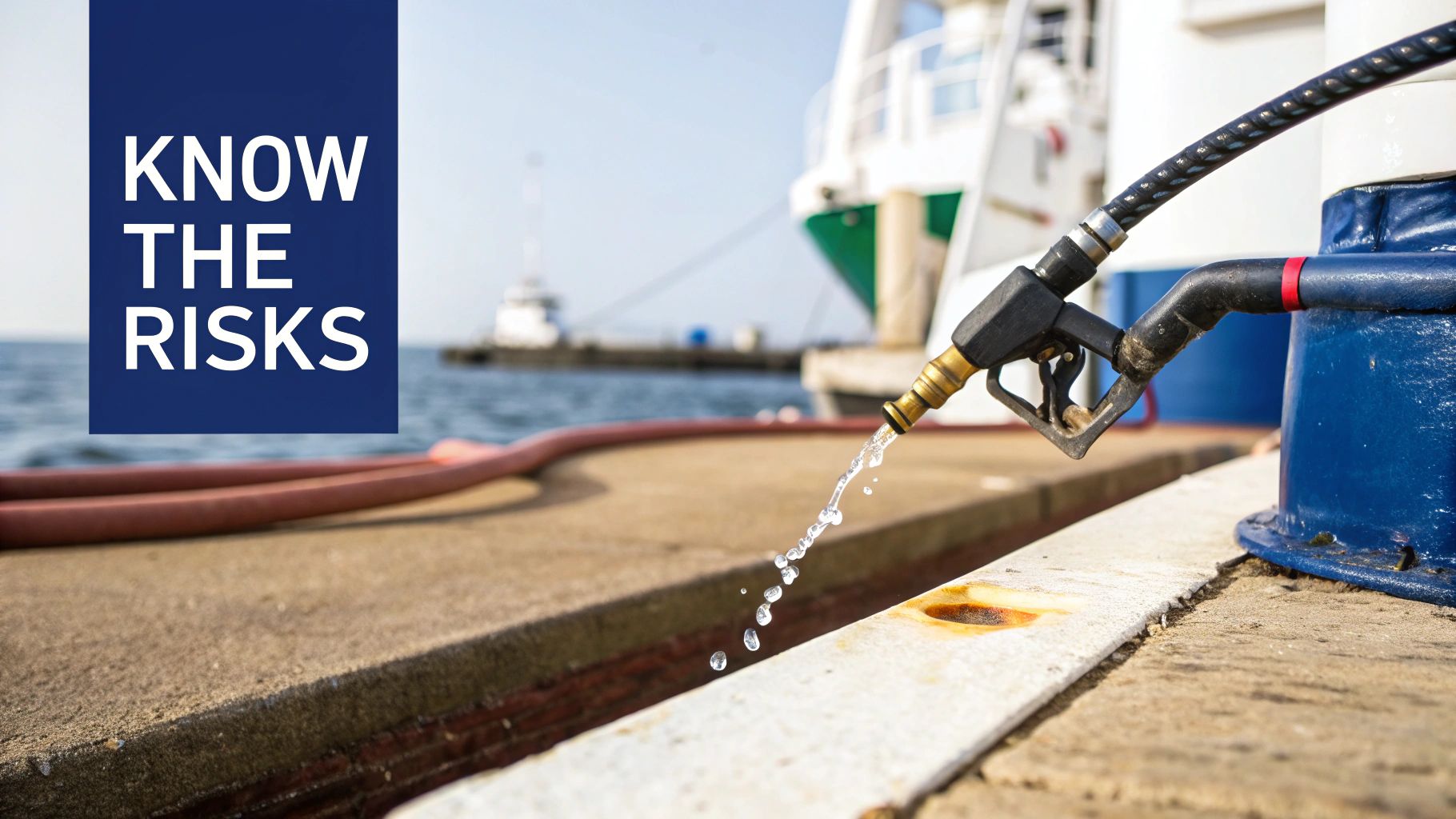 A hose nozzle sprays water over a concrete dock with a 'Know the Risks' sign.