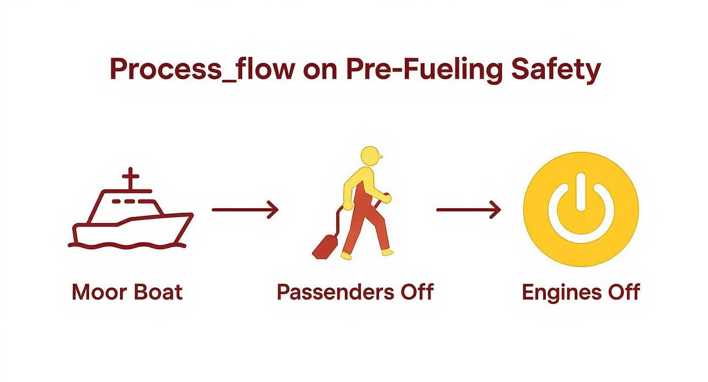 Process flow diagram showing pre-fueling safety steps for a boat: moor, disembark passengers, and turn off engines.
