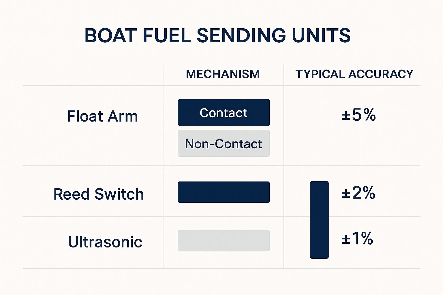 Infographic comparing Float Arm, Reed Switch, and Ultrasonic fuel sending units for boats based on their mechanism and accuracy.
