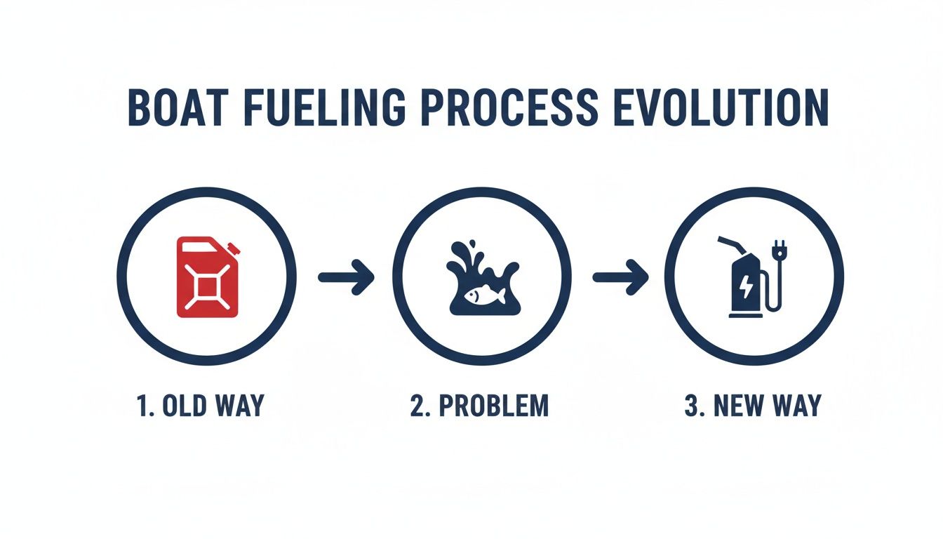 Evolution of boat fueling process: from old gas cans to a new electric charging solution, highlighting pollution.