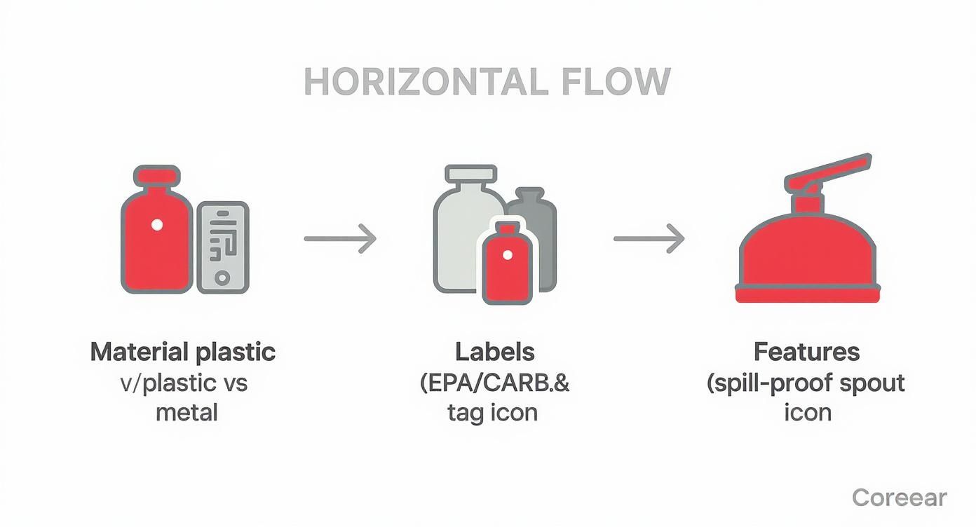Horizontal flow diagram showing gas canister material types, safety labels, and spill-proof features
