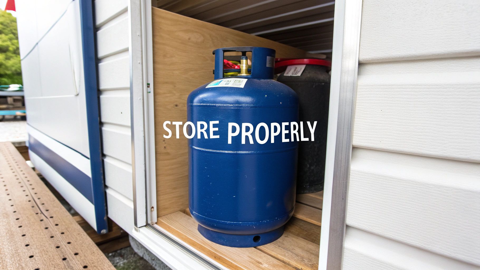Blue propane gas cylinder stored properly in outdoor wooden storage cabinet with safety warning