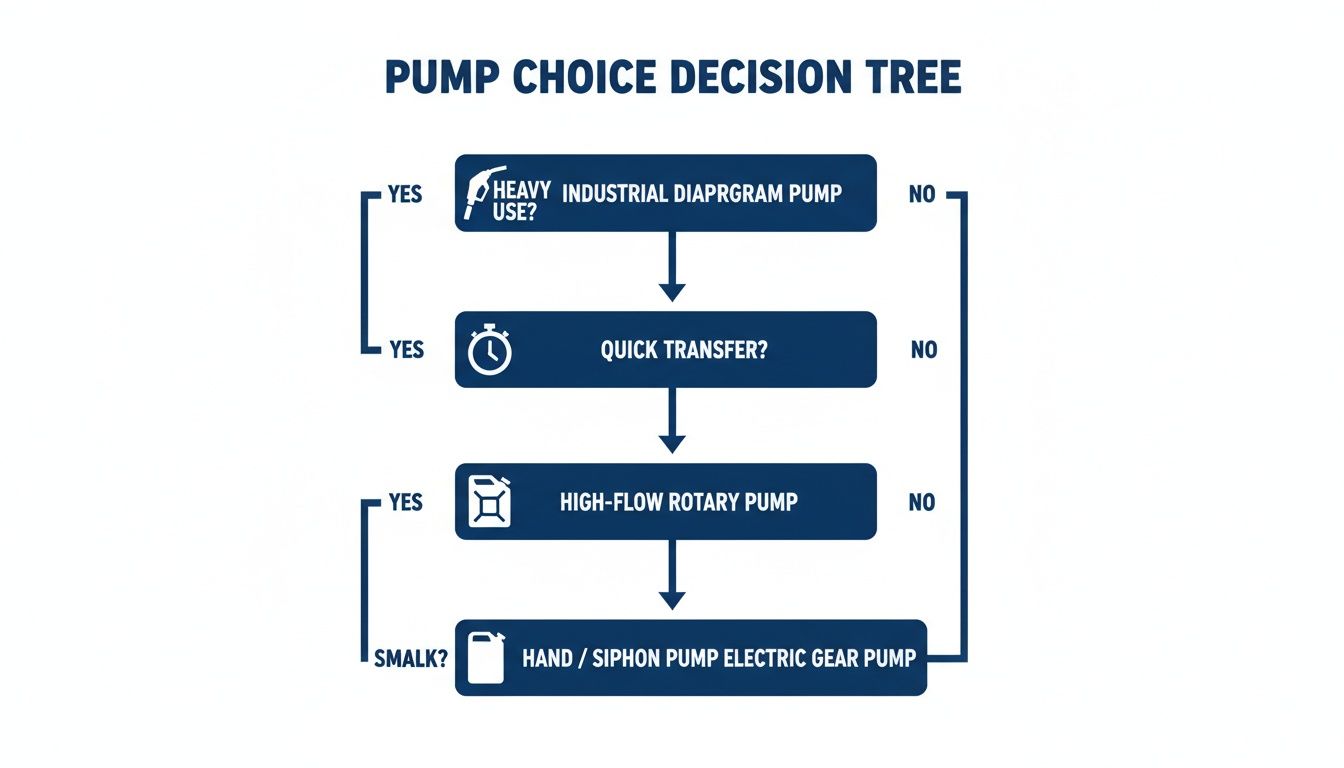 A decision tree flow chart illustrating pump choices for various applications, from industrial to hand pumps.