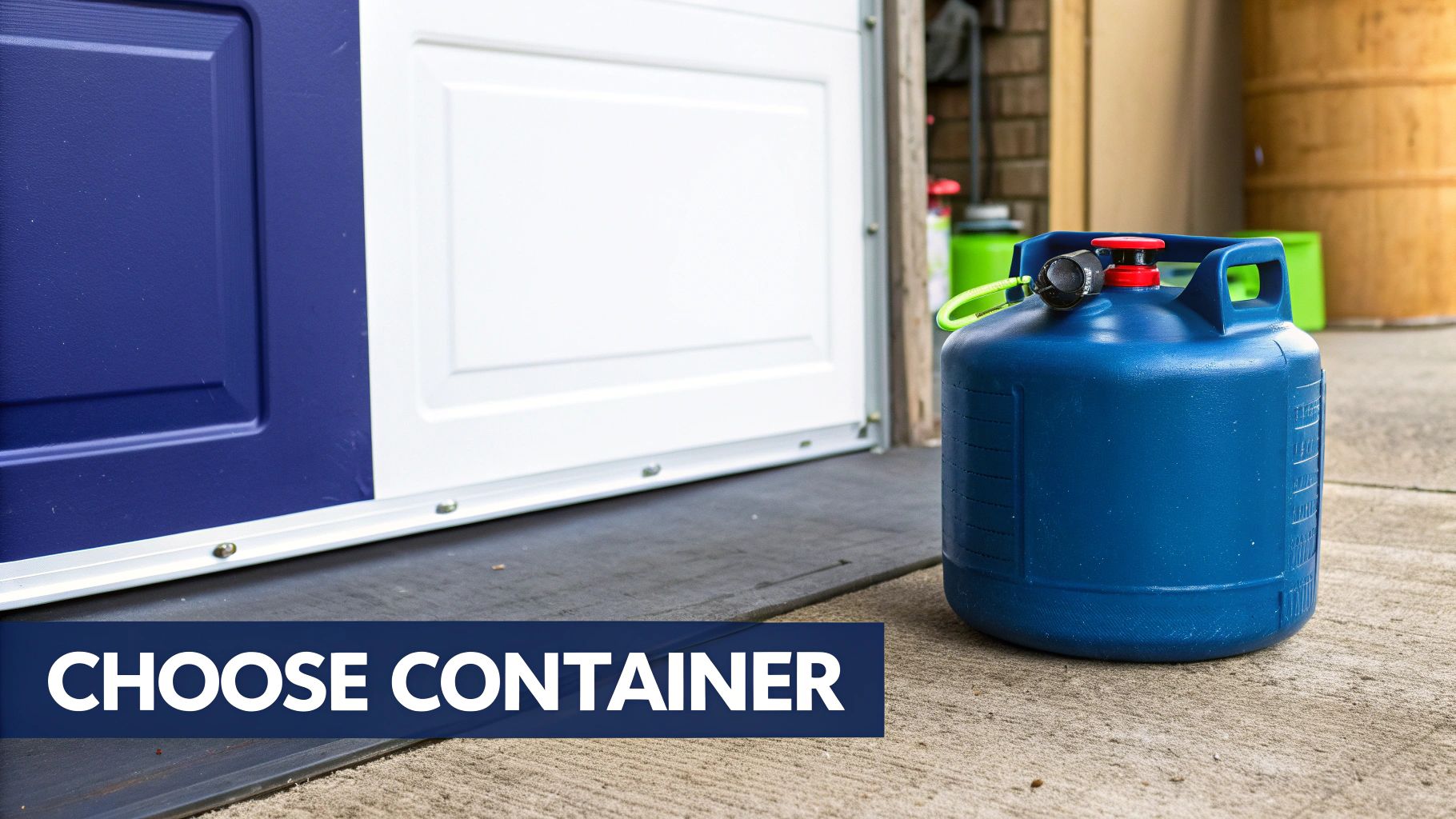 A person safely filling a red gas container on the ground.