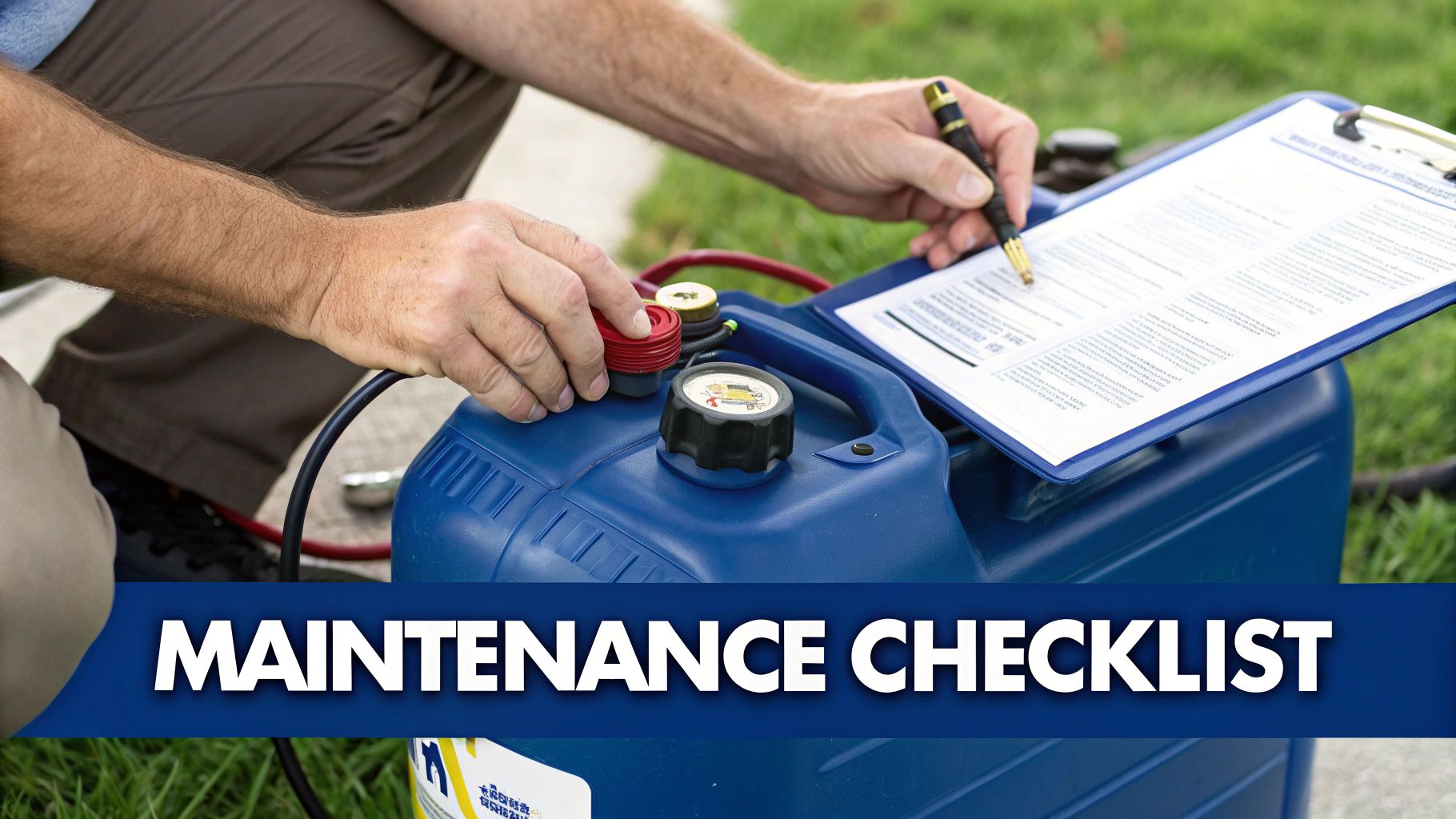 A person works on a blue portable fuel tank, checking a maintenance checklist with a pen.