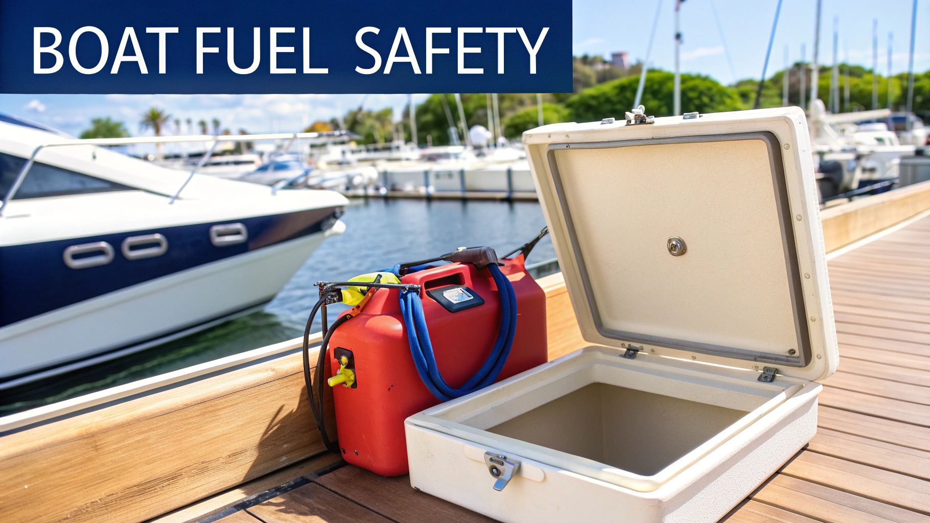 A person examining a red gas can in a well-organized garage setting.
