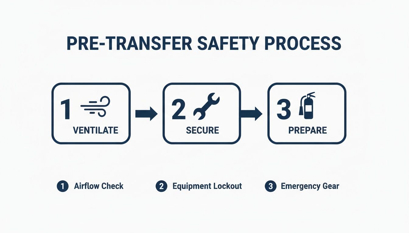 A diagram illustrating a pre-transfer safety process with three steps: ventilate, secure, and prepare.