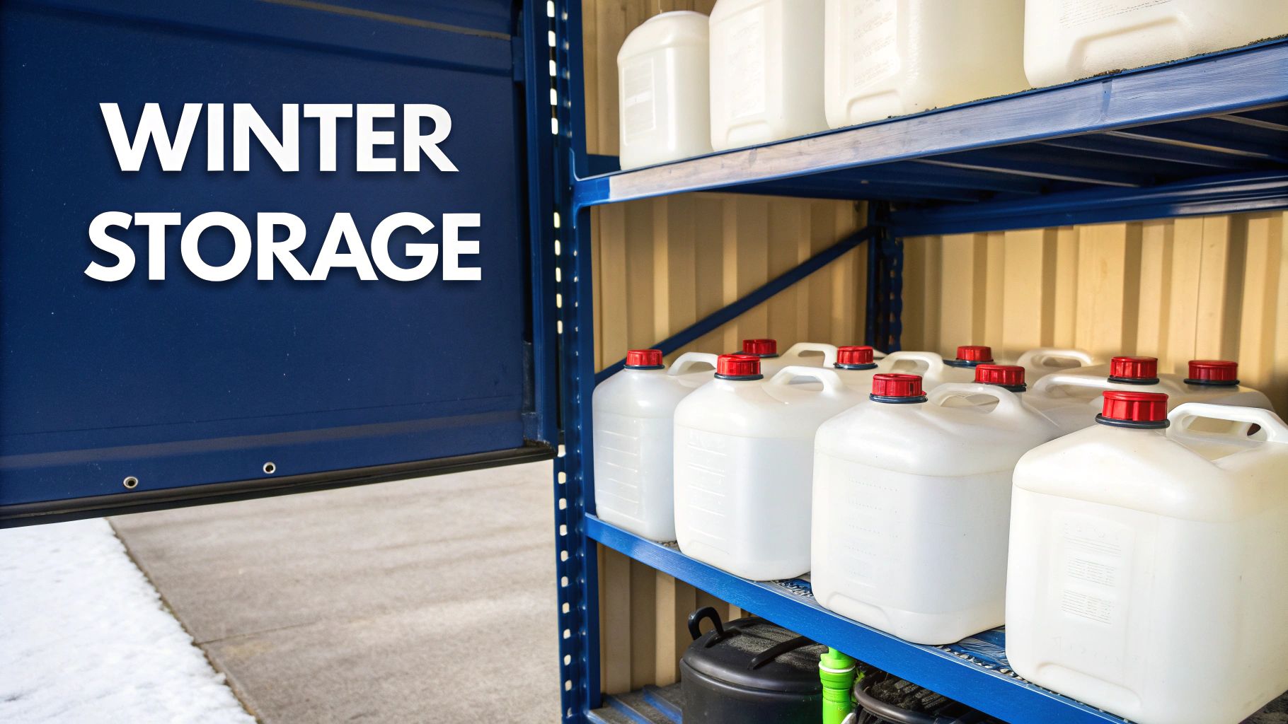 A well-organized garage shelf showing clean, properly stored outboard motor gas cans.
