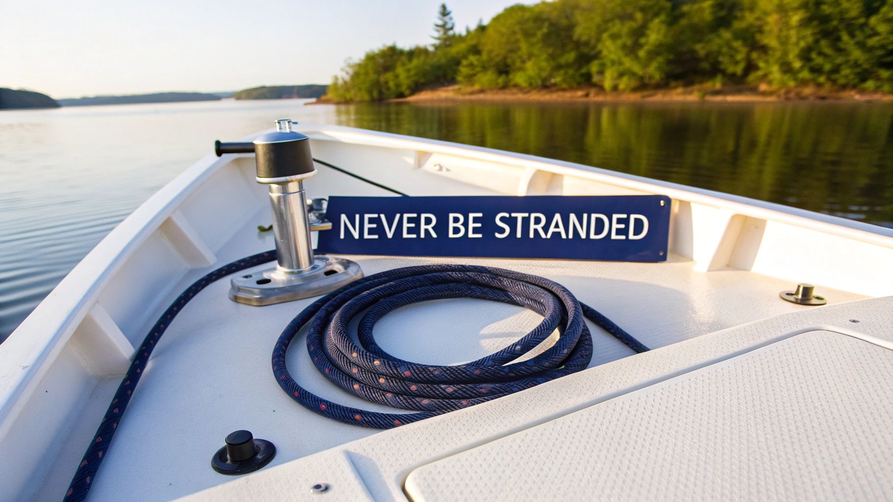 Bow of a white boat with a coiled rope and 'NEVER BE STRANDED' sign on a lake.