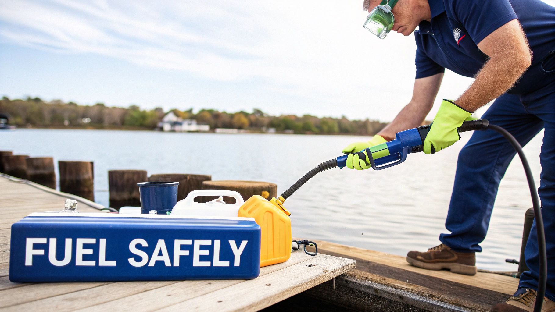 Person in safety gear using a manual fuel transfer pump on a dock near water.