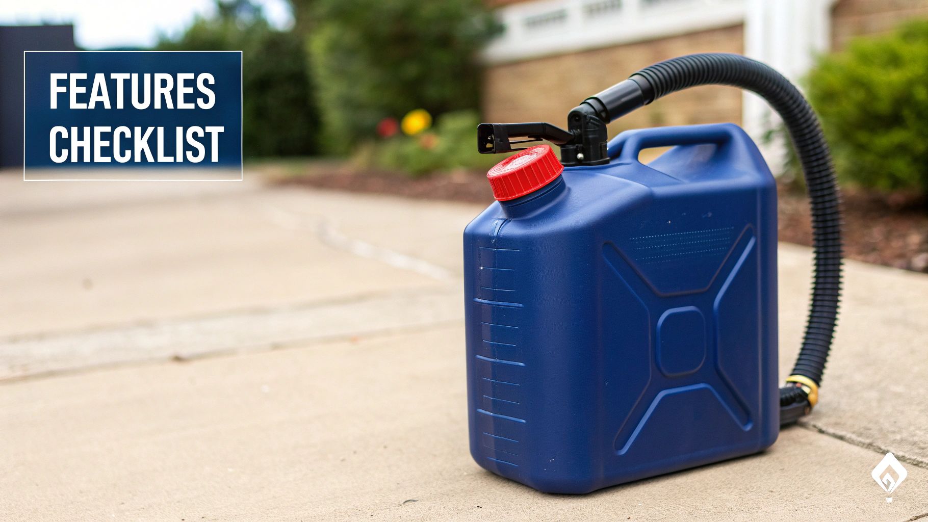 Blue portable gas can with a black pump hose on a concrete driveway, next to a 'FEATURES CHECKLIST' box.