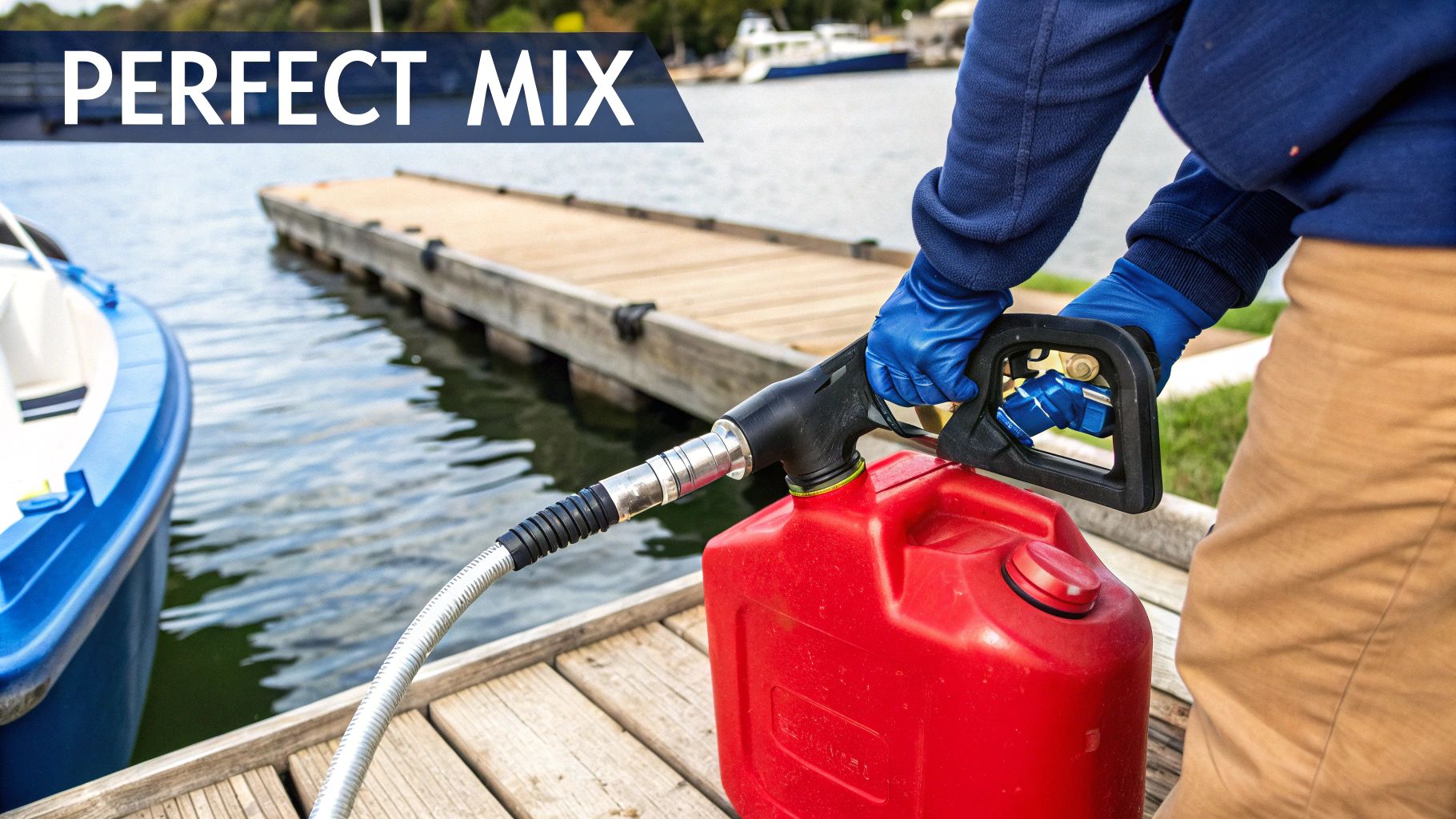 A person adding two-stroke oil to an outboard motor gas can.