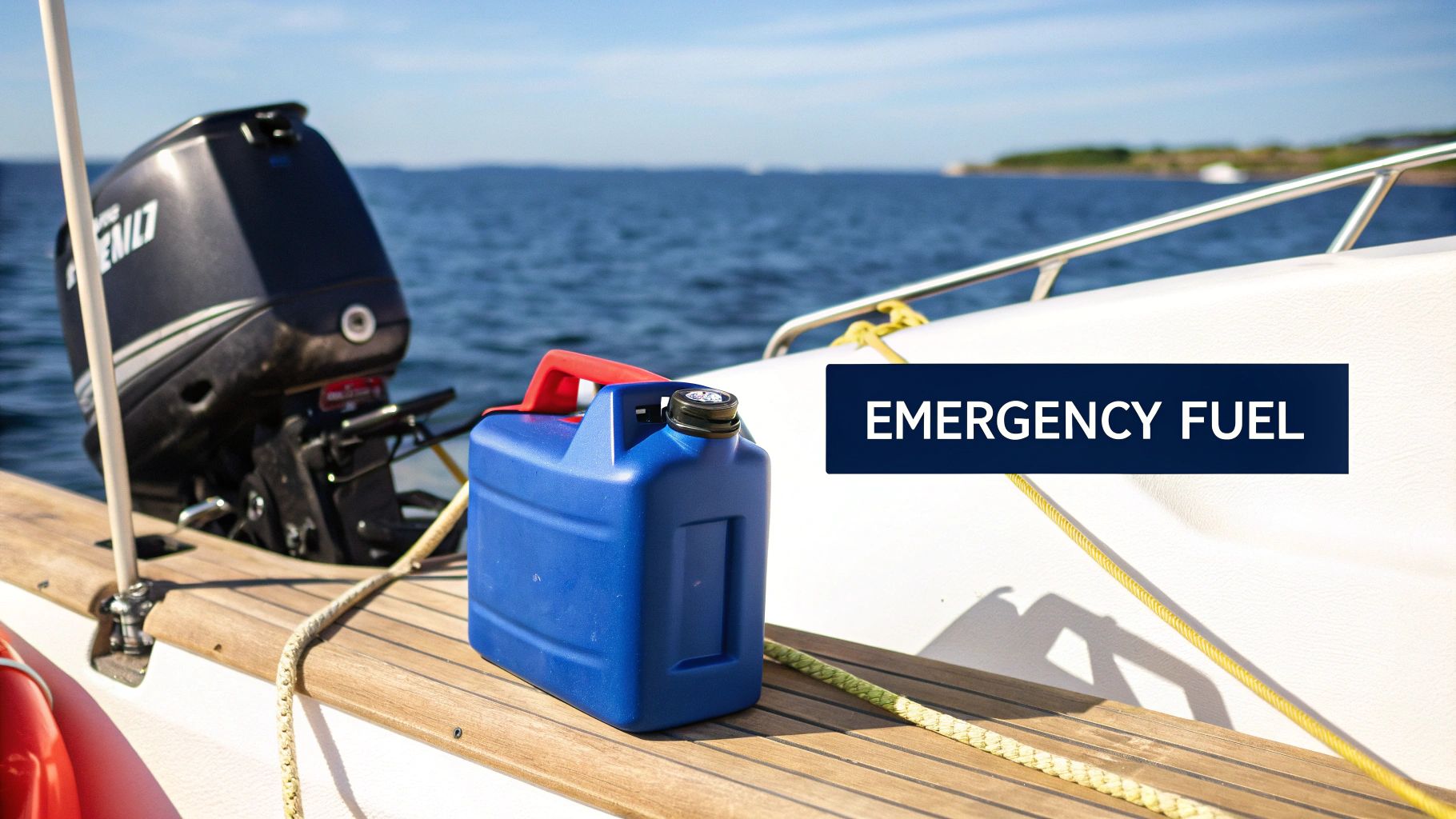 A blue emergency fuel container sits on a boat's wooden deck, with an outboard motor and ocean visible.