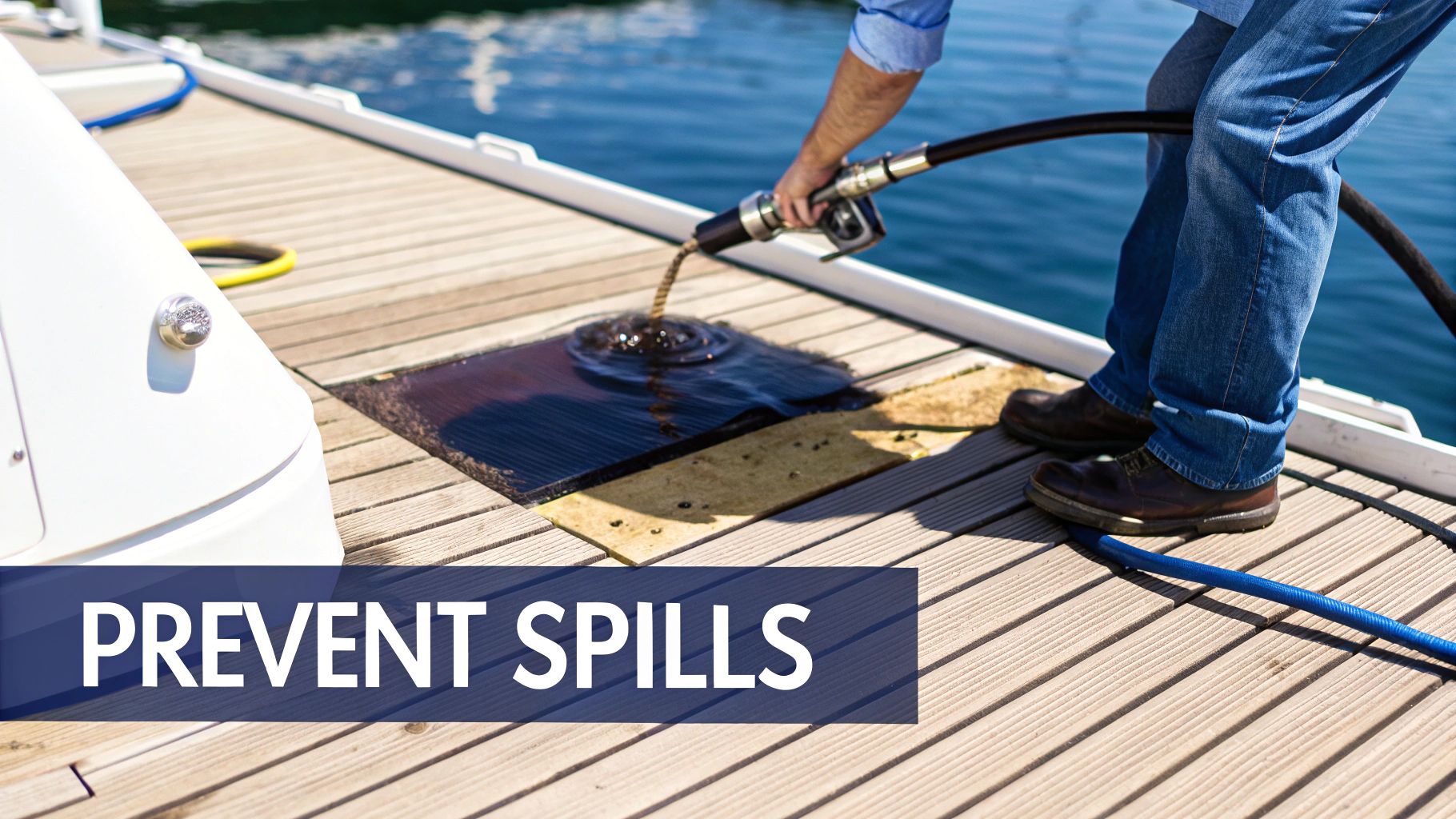 A person refuels a boat on a wooden dock, with a dark liquid fuel spill on absorbent pads, highlighting spill prevention.