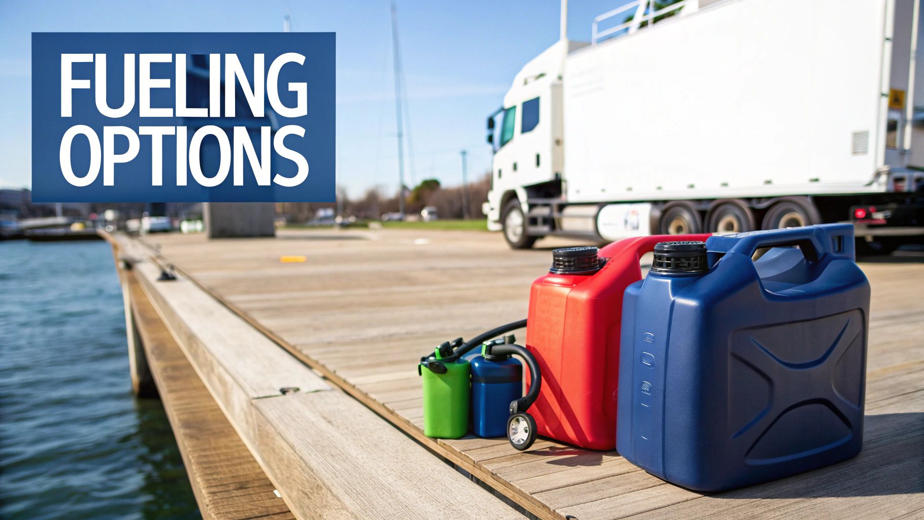 Multiple fuel cans in red, blue, and green on a wooden dock with a white truck and 'FUELING OPTIONS' sign.