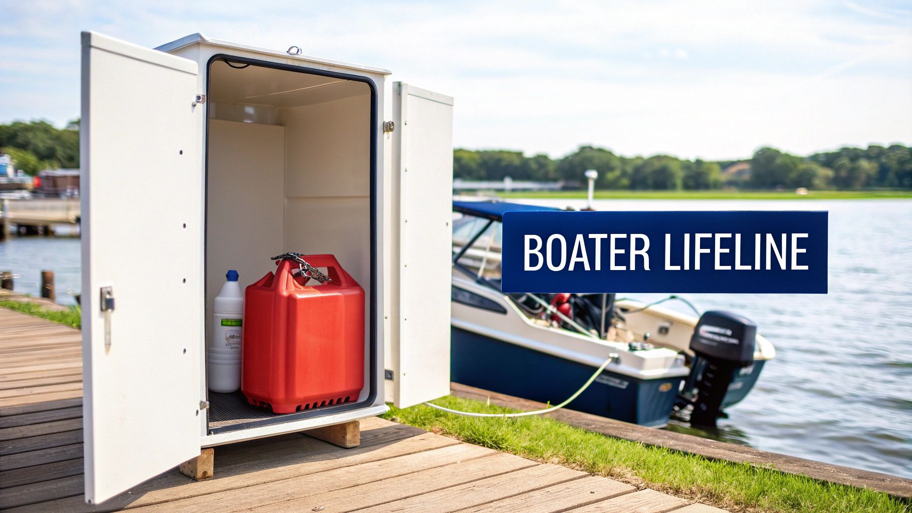 An open white storage cabinet on a wooden dock holds a red gas can and a white bottle, with a boat and lake in the background, and 'Boater Lifeline' text.