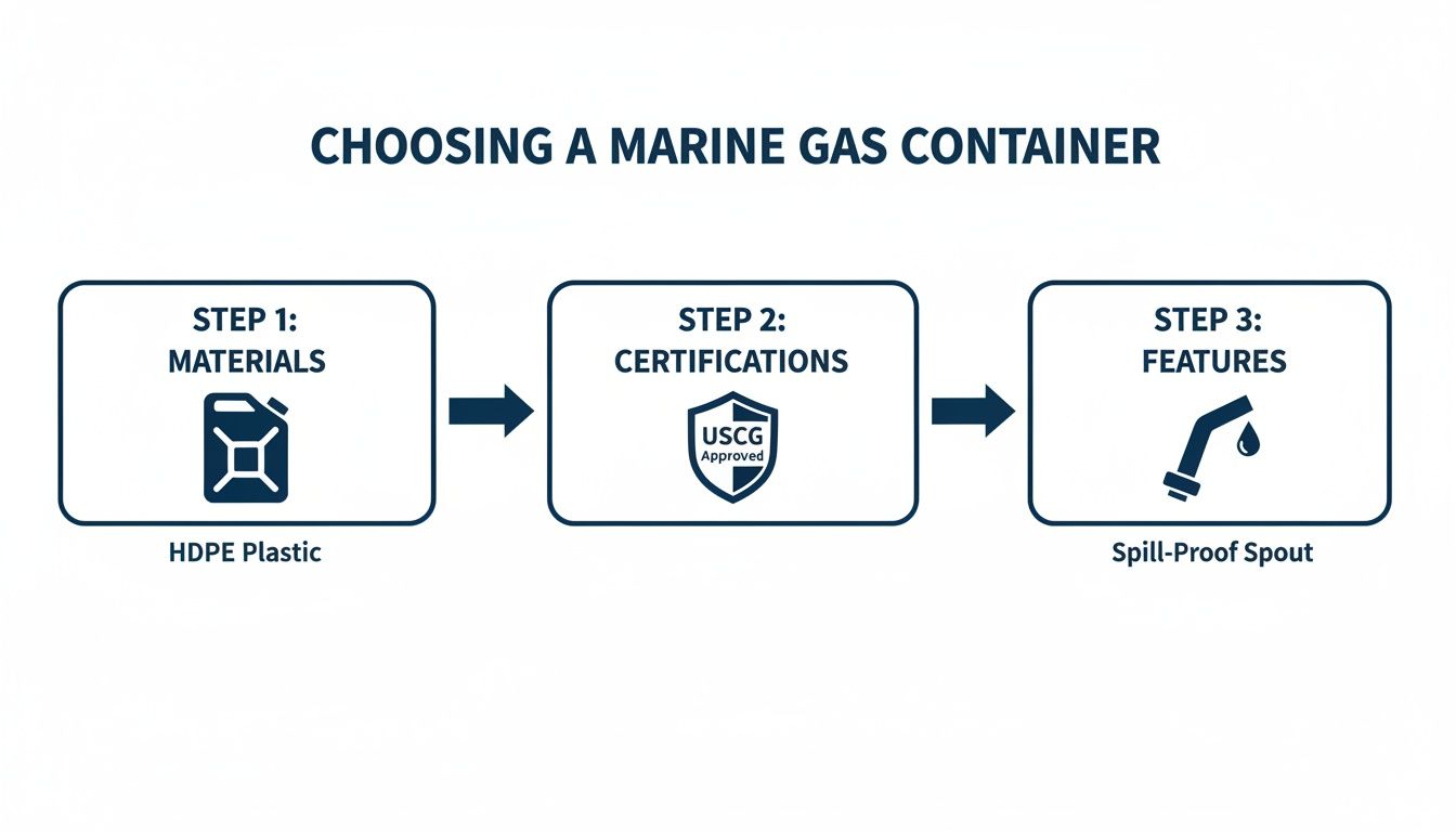 A flowchart illustrates three steps for choosing a marine gas container: materials, certifications, and features.