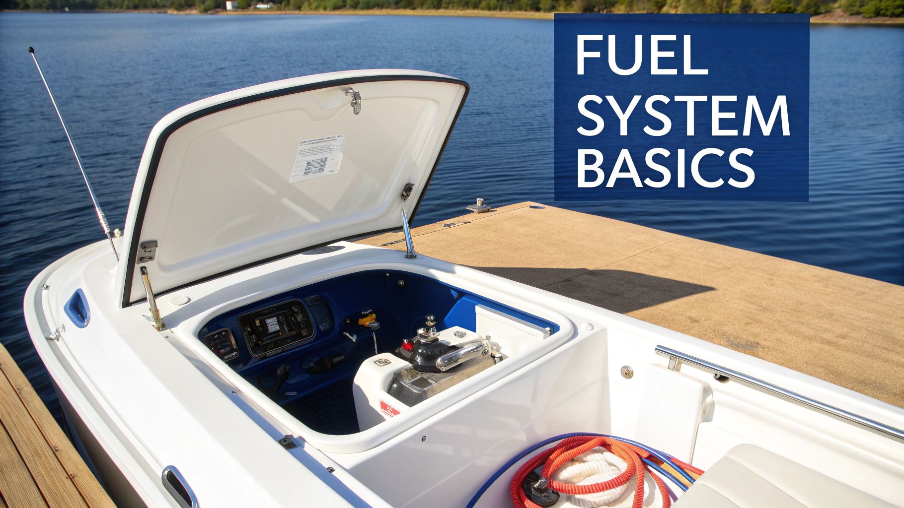 Boat fuel system compartment showing gas tank, controls, and marine engine components at dock