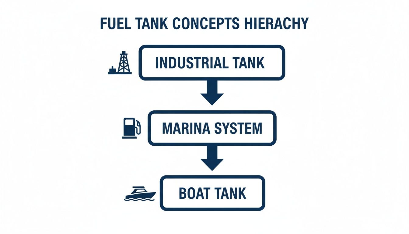 Hierarchy chart illustrating fuel tank concepts: industrial tank, marina system, and boat tank with icons.